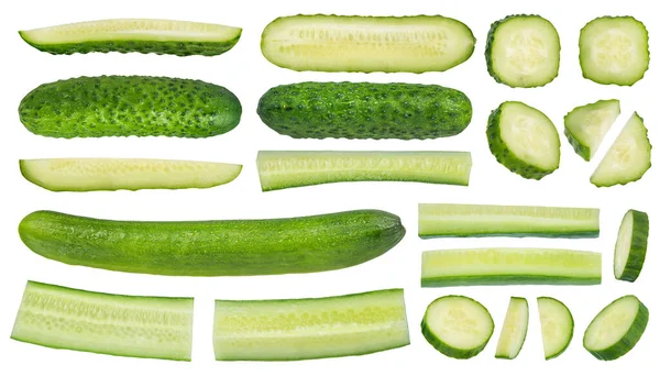 Een Grote Set Komkommers Van Verschillende Grootte Een Witte Geïsoleerde — Stockfoto