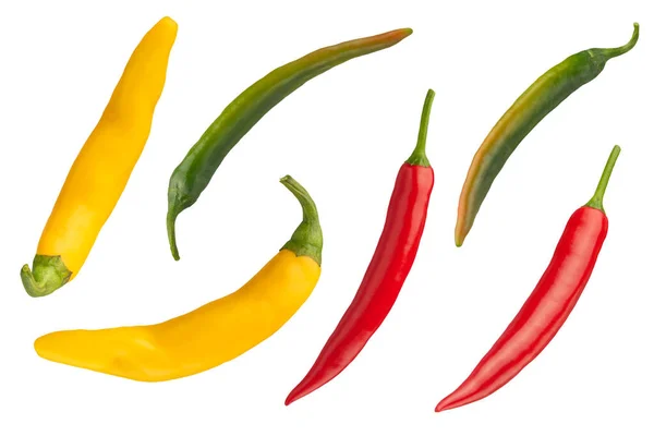 一组胡椒豆荚在白色孤立的背景上 辣椒从不同侧面呈黄色 红色和绿色 分离不同颜色的辣椒 高质量的照片 — 图库照片