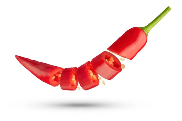 Red Chili Pepper Cut Pieces White Isolated Background Falling Pod Stock Photo