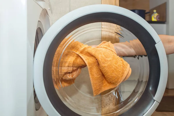 Washing Dirty Clothes Washing Machine Woman Puts Clothes Washing Machine Royalty Free Stock Images