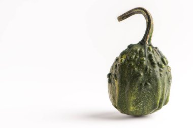 Beyaz arka planda küçük yeşil bir balkabağı. Dekoratif balkabağı beyaz arka planda sallanırken ya da düşerken gölgesini düşürür. Cadılar Bayramı konsepti Yüksek kalite fotoğraf