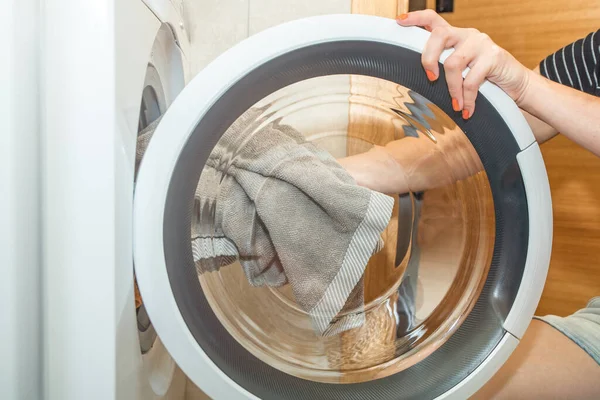 Washing Dirty Clothes Washing Machine Woman Puts Clothes Washing Machine Stock Photo