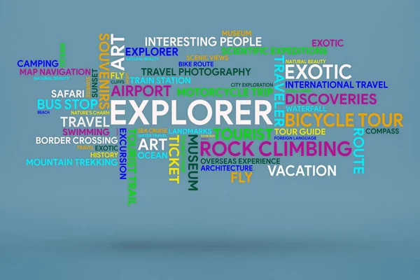 Word Cloud Zum Thema Explorer Die Wörter Explorer Verschiedenen Farben — Stockfoto