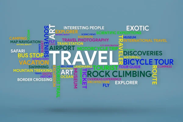 Word Cloud Theme Travel Journey Themed Words Different Colors Different — Stock Photo, Image
