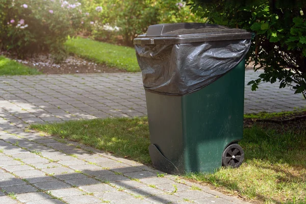 Close-up of a plastic trash can in a park. Garbage can on wheels, collecting and sorting waste in a park area. Container for collecting fallen leaves. High quality photo