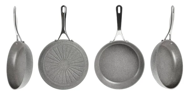 stock image Big set of frying pans with non-stick coating on a white isolated background. New gray frying pans, clipart for inserting into a design or project. Overlay for kitchen theme. Different angle.