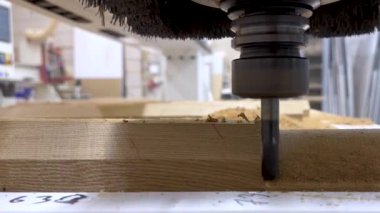 MDF, parçacık tahtası ve CNC makinesindeki kontrplak imalat işlemine yakın çekim. Mobilya endüstriyel üretimi ve ahşaptan yapılmış iç tasarım elementleri. Çalışan bir 3D değirmen makinesi