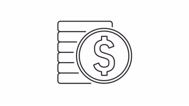 Beyaz zemin üzerinde dolar sembolü olan animasyon para yığını simgesi. Uygulamalar ve video projeleri için para birikimi, yatırım ve mali tasarrufları gösteren asgari siyah ana hat döngüsü. para tasarrufu