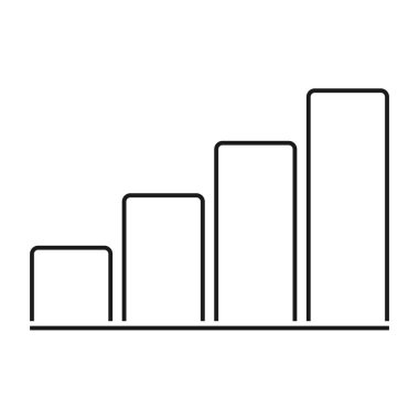 Beyaz arkaplanda yükselen dört çubuklu büyüme grafiği simgesi. Ticari ilerlemeyi, analitiği, başarıyı, performansı ve istatistikleri temsil eden asgari siyah taslak tarzı. Konsept: iş büyümesi