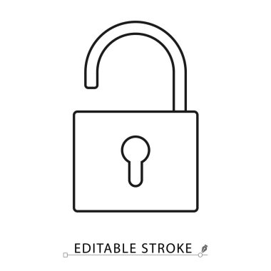 Beyaz arkaplanda asma kilit simgesini minimal siyah dış hat biçiminde aç. Erişim, kilit açma, gizlilik, güvenlik ayarları veya akıllı sistem arayüzü için düzenlenebilir felç vektörü. Kavram: Erişim kilidini aç