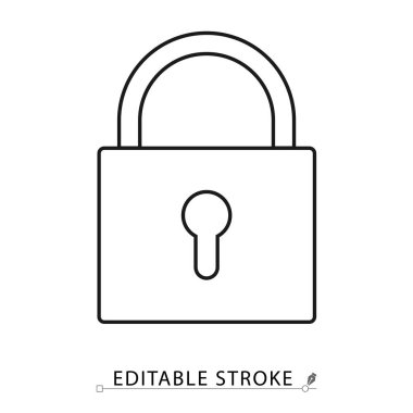 Kapalı asma kilit simgesi, beyaz arkaplanda asgari siyah taslak biçiminde. Güvenlik, gizlilik, koruma, erişim kısıtlaması veya güvenli sistem için düzenlenebilir felç vektörü. Kavram: Kilitli erişim
