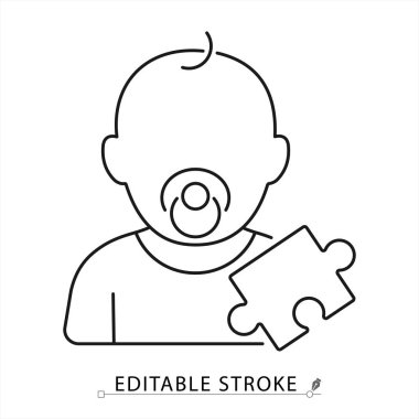 Emzik ve yapboz parçasına sahip bebek simgesi beyaz arka planda en az siyah anahat tarzında. Bebek gelişimi, erken öğrenme, mantık oyunu veya bebek aktivitesi için düzenlenebilir felç vektörü.