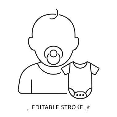 Bebek ikonu, emzik ve bebek tulumuyla beyaz arka planda en az siyah dış hatlara sahip. Yeni doğan bakımı, bebek kıyafetleri, ebeveynlik ya da çocuk odası için düzenlenebilir felç vektörü. Bebek bakımı kavramı