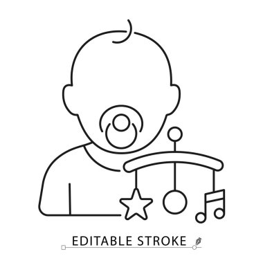 Emzik ve beşik hareketli bebek simgesi beyaz arkaplanda en az siyah anahat tarzında. Bebek rahatlaması, çocuk odası dekorasyonu ya da duyusal gelişim için düzenlenebilir felç vektörü. bebek rahatlaması