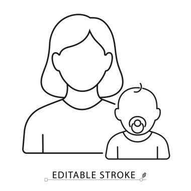 Anne ve bebek ikonu, beyaz arka planda, minimal siyah ana hatlı. Ebeveynlik, bebek bakımı, annelik, aile sevgisi ya da çocuk bakımı konuları için düzenlenebilir felç vektörü. Konsept: ebeveyn bakımı