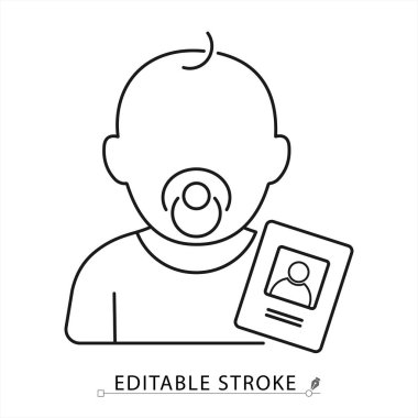 Emzik ve kimlik belgesine sahip bebek simgesi beyaz arkaplanda en az siyah anahat biçiminde. Kimlik teşhisi, doğum belgesi, sigorta ya da bebek kaydı için düzenlenebilir felç vektörü. bebek belgesi