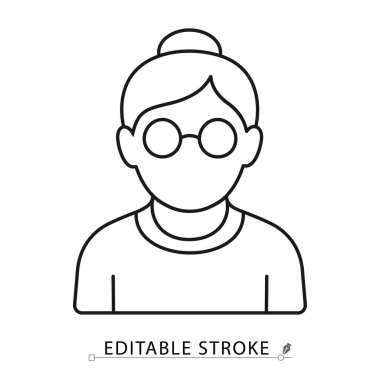 Beyaz arka planda gözlük ve saç topuzu olan siyah çizgili bir büyükanne ikonu. Yaşlı kişi, yaşlı kadın, aile ya da bakım konuları için düzenlenebilir felç vektörü. Büyükanne simgesi