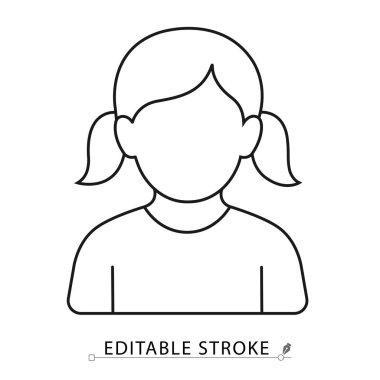 Beyaz arka planda örgülü siyah çizgili kız simgesi. Çocuk profili, kullanıcı avatarı, karakter, aile veya çocuk konuları için düzenlenebilir felç vektörü. Kız ikonu. Vektör illüstrasyonu