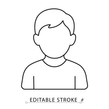 Beyaz arka planda kısa saçlı, asgari siyah hatlı bir erkek simgesi. Çocuk profili, kullanıcı avatarı, karakter, aile veya çocuk konuları için düzenlenebilir felç vektörü. Erkek ikonu. Vektör illüstrasyonu