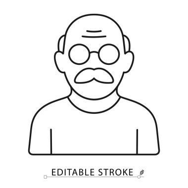 Beyaz arka planda gözlüklü ve bıyıklı siyah çizgili büyük baba simgesi. Kıdemli adam, yaşlı kişi, aile veya karakter konuları için düzenlenebilir felç vektörü. Büyükbaba simgesi