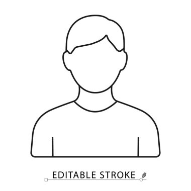 Beyaz arka planda, minimal siyah ana hatlı adam simgesi. Erkek profili, kullanıcı avatarı, karakter, aile veya insan konuları için düzenlenebilir felç vektörü. Erkek ikonu. Vektör illüstrasyonu