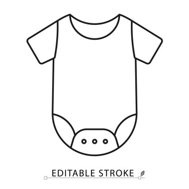 Kısa kollu ve beyaz arka planda düğmeleri olan minimal siyah çizgili bebek tulumu ikonu. Bebek kıyafetleri, bebek modası ya da çocuk kıyafetleri için düzenlenebilir felç vektörü. Tulum simgesi