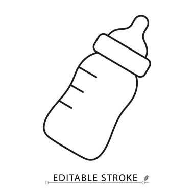 Bebek sütü şişesi simgesi, siyah, minimum hatlı, ölçü işaretli ve meme ucu üstlü. Beslenme, bebek bakımı, bebek ürünleri ve yeni doğan beslenme için düzenlenebilir felç vektörü. Süt şişesi simgesi
