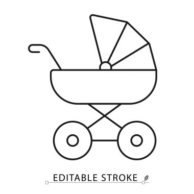 Çapraz çerçeve ve tepe örtüsü kaplamalı, temiz doğrusal biçimde bebek arabası simgesi. Yenidoğan bakımı, bebek gezdirme, ebeveynlik, çocuk bakımı ve çocuk bakımı için düzenlenebilir felç vektörü. Stroller simgesi