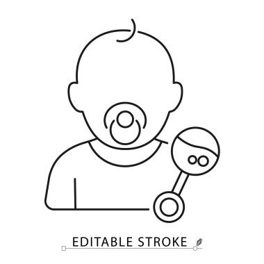 Emziği ve çıngıraklı oyuncağı olan bebek ikonu beyaz arka planda en az siyah anahat tarzında. Bebek oyunu için düzenlenebilir felç vektörü, erken gelişim, çocuk bakımı veya çocuk bakımı temaları. bebek oyunu