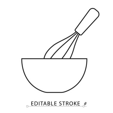 Çizgi stili çırpma ikonu ve düzeltilebilir vuruşlar. Minimum tasarım malzemelerini karıştırmak için mutfak aletinin düz vektör ana hatları. Pişirme, pişirme, mutfak aletleri, yemek hazırlama, aşçılık .