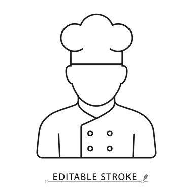 Şapkası ve düzenlenebilir vuruşu olan hat şefi ikonu. Üniformalı profesyonel aşçının düz çizgisi, mutfak personeli, yemek hazırlama, restoran ve servis rolleri için vektör sembolü. 