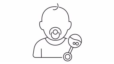 Bebeği emzik ve çıngırakla gösteren alfa kanallı animasyon video ikonu. Yeni doğan bakımı, bebekle ilgili içerik, ebeveynlik görselleri ve aile temaları için minimum doğrusal animasyon. Bebeğim, dikkat et