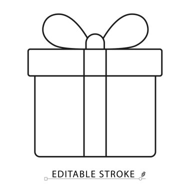 Hediye kutusu simgesi, kurdeleli ve düzenlenebilir vuruşlu. Kutlama, doğum günü, sürpriz tasarımlar, kullanıcı arayüzü, tatil görselleri ve alışveriş projeleri için düz vektör taslağı. Hediye, hediye