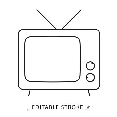 Retro TV simgesi, anten ve düzenlenebilir felçle aynı hizada. Medya içeriği, klasik elektronik, televizyon yayını, eğlence görselleri ve retro-temalı tasarım için düz vektör taslağı. TV.