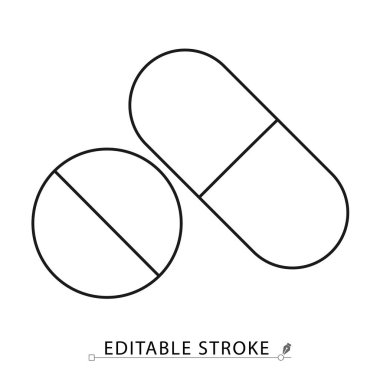 Düzenlenebilir inme ile asgari çizgi şeklinde hap ikonu. Tıbbi tablet ve kapsül sembolü, sağlık hizmetleri görsel, ilaç tedavisi, reçeteli konsept.