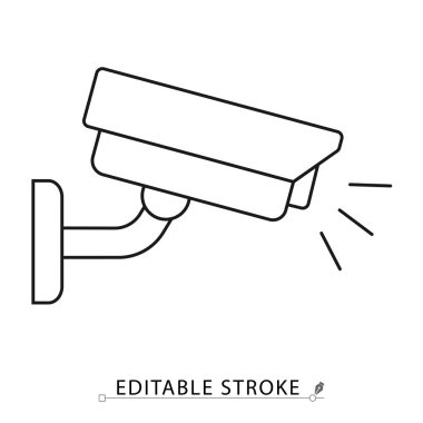 Kamera görüntüsü düzenlenebilir darbeyle minimal çizgi şeklinde. Güvenlik sistemi sembolü, video izleme, güvenlik ekipmanı, CCTV görüntüleri, hareket takip, gizlilik kontrolü.