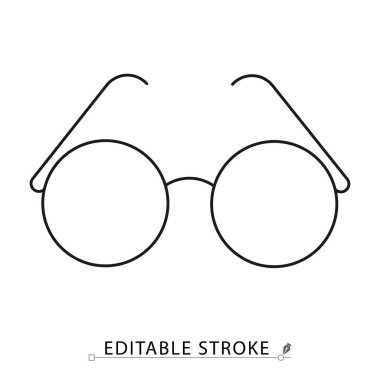 Düzenlenebilir kulaç darbesiyle en düşük çizgi biçiminde gözlük simgesi. Göz aksesuarı, yuvarlak gözlükler, optik görüş aracı, okuma gözlüğü konsepti, moda sembolü, eğitim unsuru, entelektüel görsel