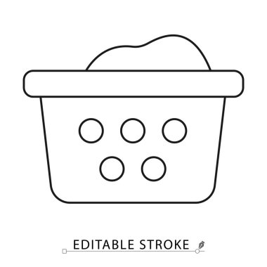 Çamaşır sepeti simgesi düzenlenebilir darbeyle minimal çizgi şeklinde. Yıkama kabı, ev temizleme sembolü, ev işi görselleri, tekstil bakımı, ev işleri rutini ve ev işi tasarımı için çamaşır malzemesi.