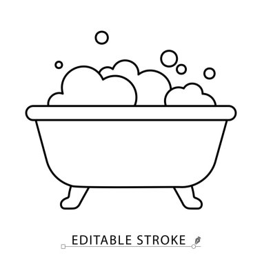 Minimalist tarzda köpük ikonlu, yenilebilir bir küvet. Banyo elementi, köpük banyosu, hijyen sembolü, spa, rahatlama konsepti, temizlik malzemesi, taslak çizimi, vektör çizimi