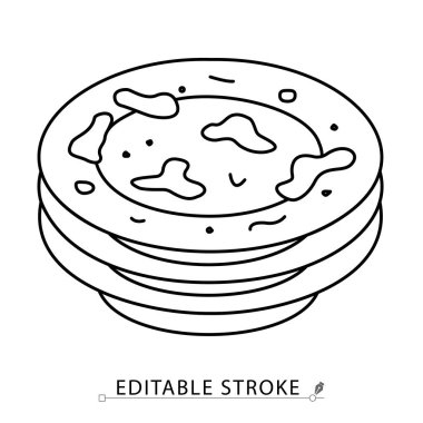 Minimalist tarzda düzenlenebilir bir yığın kirli tabak ikonu. Bulaşık sembolü, kullanılmış sofra takımı, mutfak temizliği, yemek lekesi, ev pisliği, temizlik malzemesi, vektör çizgisi çizimi