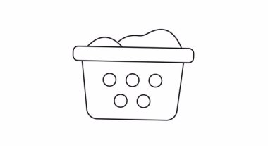 Çamaşır sepetinin içinde minimalist taslak ikon tarzında hareket eden kıyafetlerin olduğu bir animasyon. Yumuşak hareketli 4k kusursuz görüntü, ev temizliği içeriği, iç temizlik sembolü 