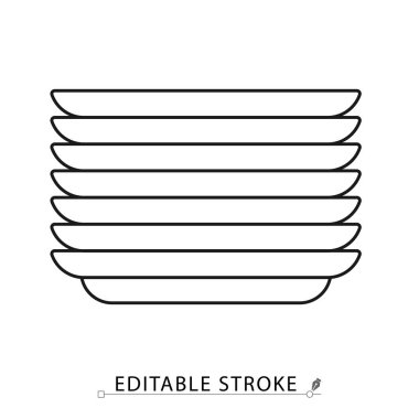 Minimalist tarzda düzenlenebilir bir tabak ikonu. Mutfak sofra takımı, tabak takımı, organize tabaklar, servis malzemeleri, ev eşyası, seramik yemek takımı, taslak çizim.