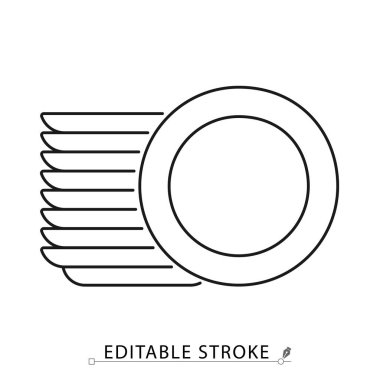 Minimalist tarzda düzenlenebilir felçli bir yığın temiz tabak ikonu. Mutfak eşyaları, bulaşık yıkama sonuçları, organize bulaşıklar, ev eşyaları, yemek servisi, ana hatlı nesne, vektör çizgisi illüstrasyonu