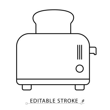 Ekmek dilimleme ikonlu bir tost makinesi. Minimalist tarzda, yenilebilir bir vuruş. Mutfak aleti, kahvaltı aleti, elektrikli tost makinesi, sıcak tost, yemek hazırlama, ana hatlı nesne, vektör çizgisi illüstrasyonu