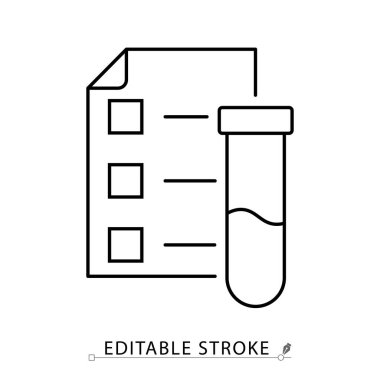 Minimalist tarzda düzenlenebilir felçli bir laboratuvar raporu ikonu. Tıbbi belge, test sonucu kağıdı, örnek analizi, teşhis kağıdı, örnek şişesi, ana hatlı nesne, vektör çizgisi çizimi.