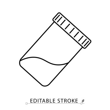 Düzenlenebilir felçli minimalist tarzda idrar testi ikonu. Tıbbi örnek kavanozu, laboratuvar analizi, numune şişesi, teşhis testi, sağlık kontrolü, ana hatlı nesne, vektör illüstrasyonu.