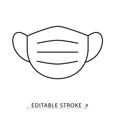 Minimalist tarzda düzenlenebilir bir yüz maskesi ikonu. Tıbbi koruma, cerrahi ekipman, sağlık güvenliği, virüs savunması, nefes alma engeli, hastane aracı, ana hatlı vektör çizimi