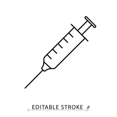 Minimalist tarzda düzenlenebilir felçli bir şırınga ikonu. Tıbbi enjeksiyon, aşı, sağlık prosedürü, iğne aleti, hastane tedavisi, sıvı dağıtımı, ana hatlı vektör çizimi