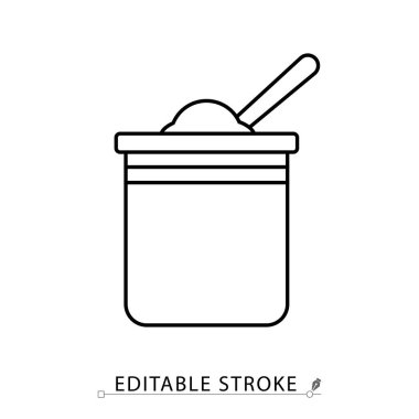 Düzenlenebilir vuruşta ayıraç barut simgesi. Kimyasal toz ve kaşık çizgisi vektörlü bir kap. Kuru maddeler, takviyeler, ilaçlar veya tanı karışımları için laboratuvar kavanozu