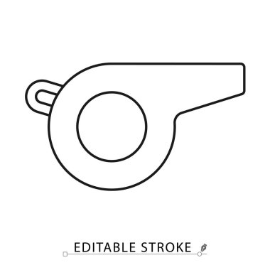 Minimalist tarzda düzenlenebilir vuruşlu bir ıslık simgesi. Spor ekipmanları, hakem aracı, ses sinyali, koçluk nesnesi, eğitim teçhizatı, kontrol cihazı, uyarı unsuru, dış hatlar şekli, oyun sembolü